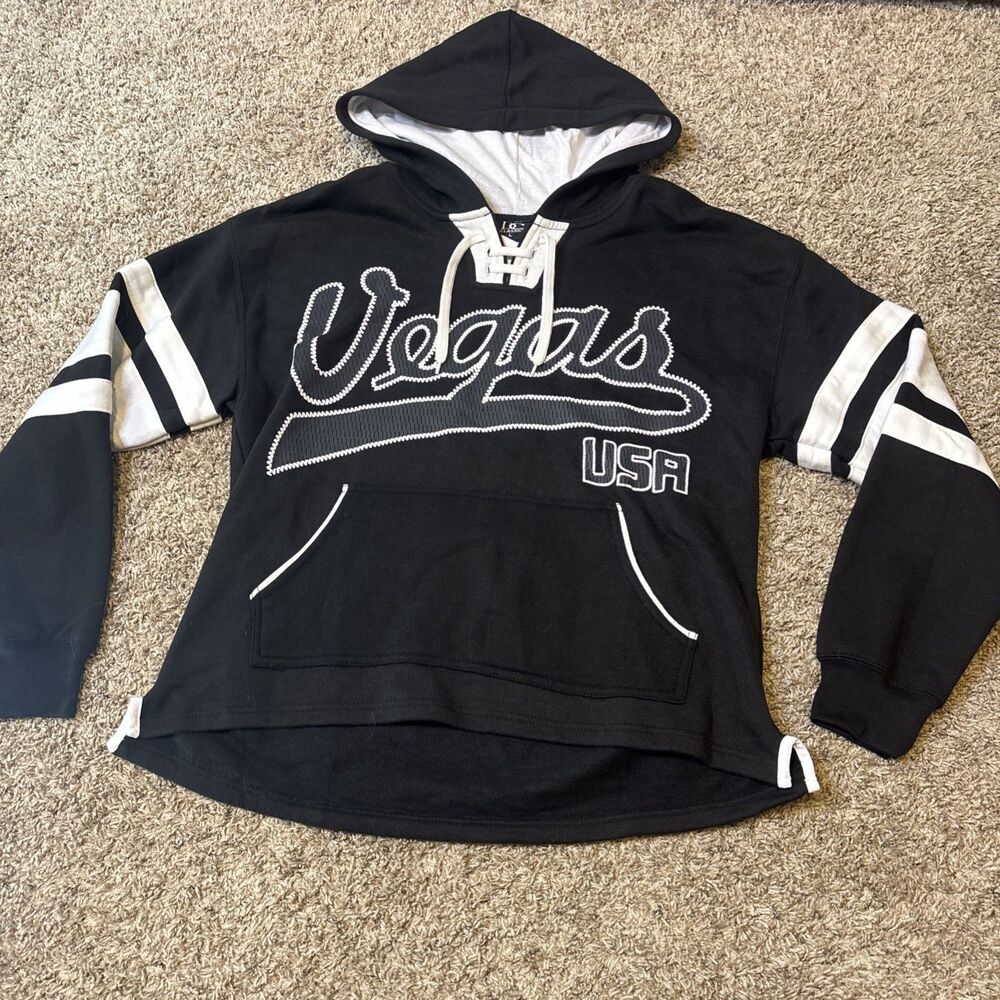 Black and White Vegas Hooded Sweatshirt Lace up DC Classic Large Pocket Large